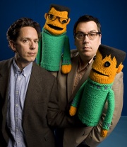 A picture of Flansburgh and Linnell with the puppets, from an article in TIME Magazine.